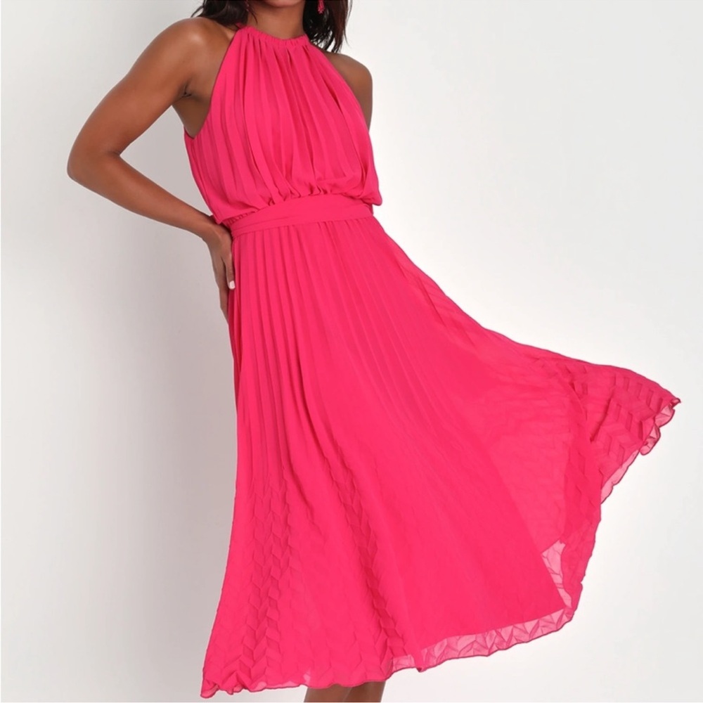 Lulus Hot Pink Pleated Halter Midi Dress XS